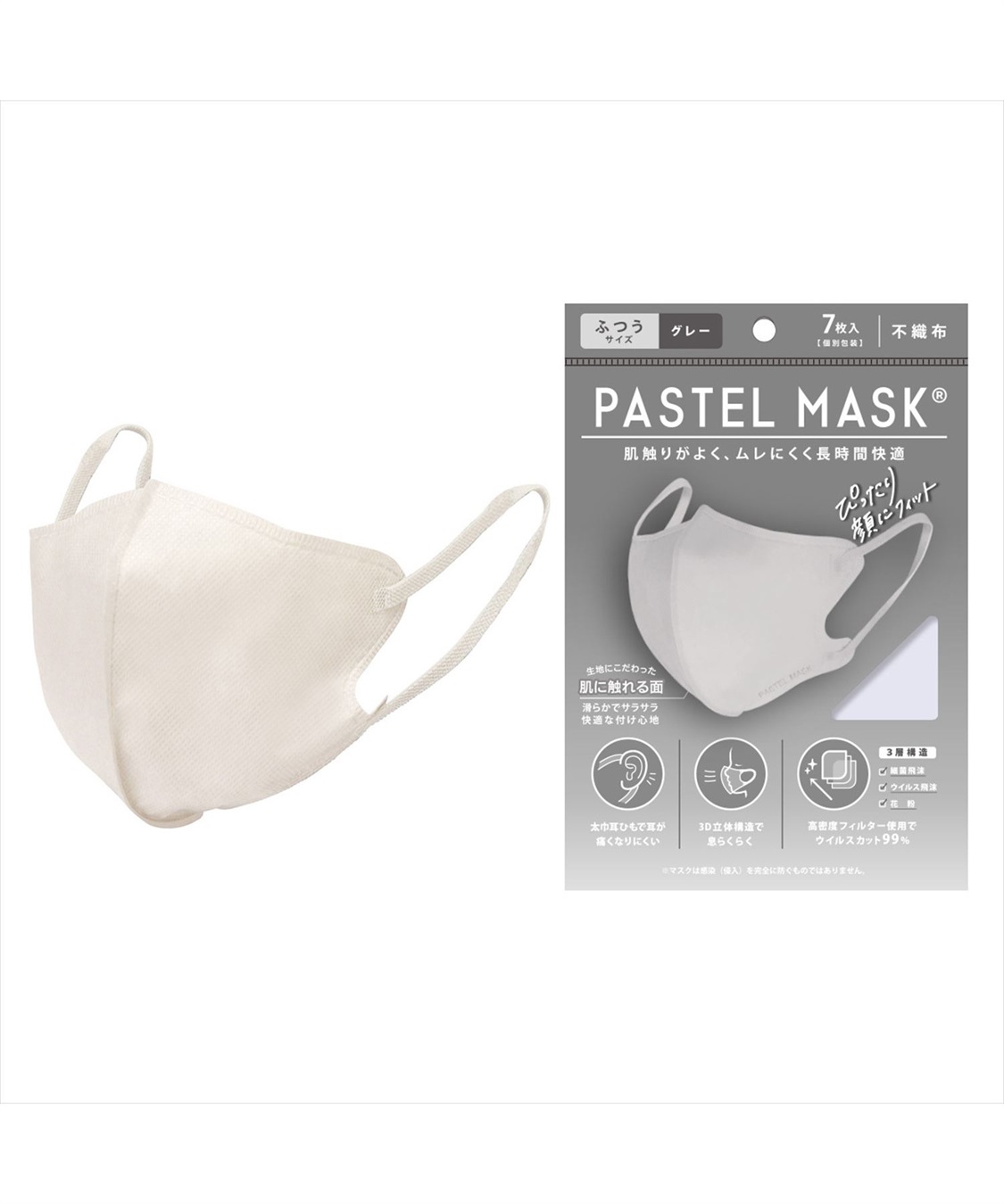 PASTELMASK　不織布 7枚入り 個包装使い捨て立体マスク シルクタッチ生地 肌にやさしい BFE PFE VFE 99％カット 美シルエット  三層構造